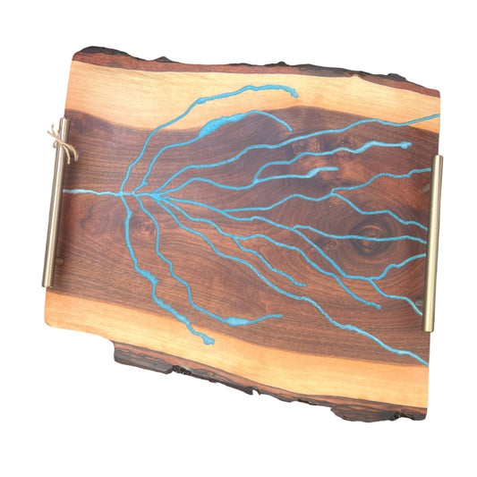 Blue Lightning Charcuterie Board: Walnut Wood and Blue Resin