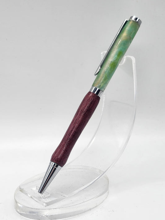 Light Green Resin and Purpleheart Wood Pen: Hand-Turned Slimline Design