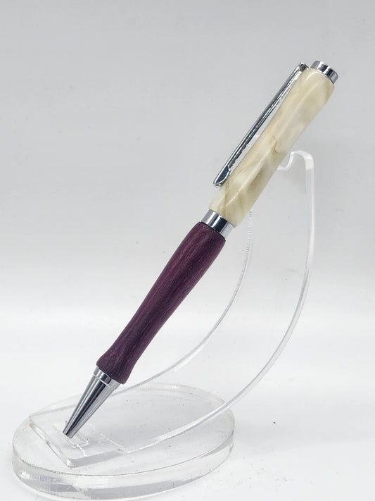 White Acrylic and Purple Heart Wood Pen: Hand-Turned Slimline Design