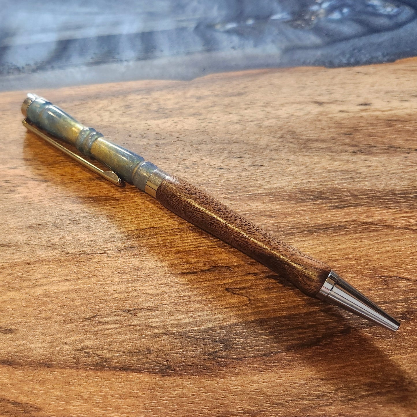 Blue Resin and Wenge Wood Pen: Hand Turned Slimline Design