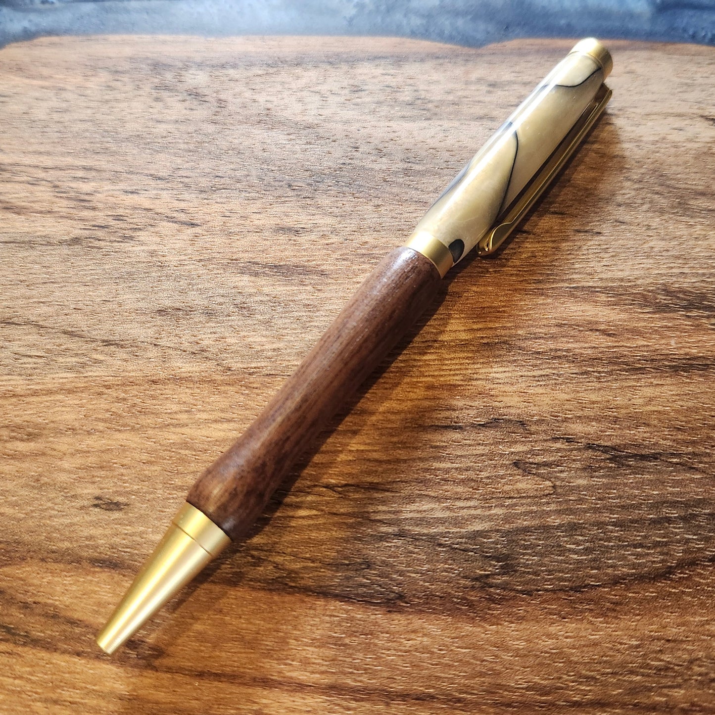 Walnut and Gold and Cream Acrylic Pen: Hand-Turned Slimline Design