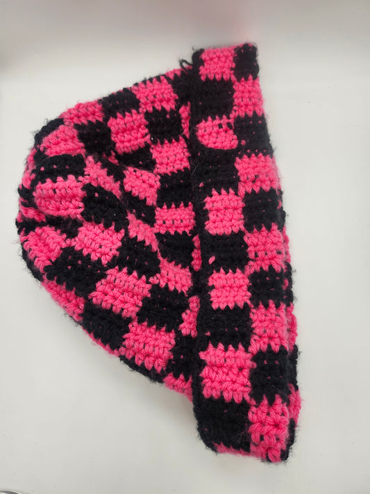 Pink and Black Checkered Crochet Beanie