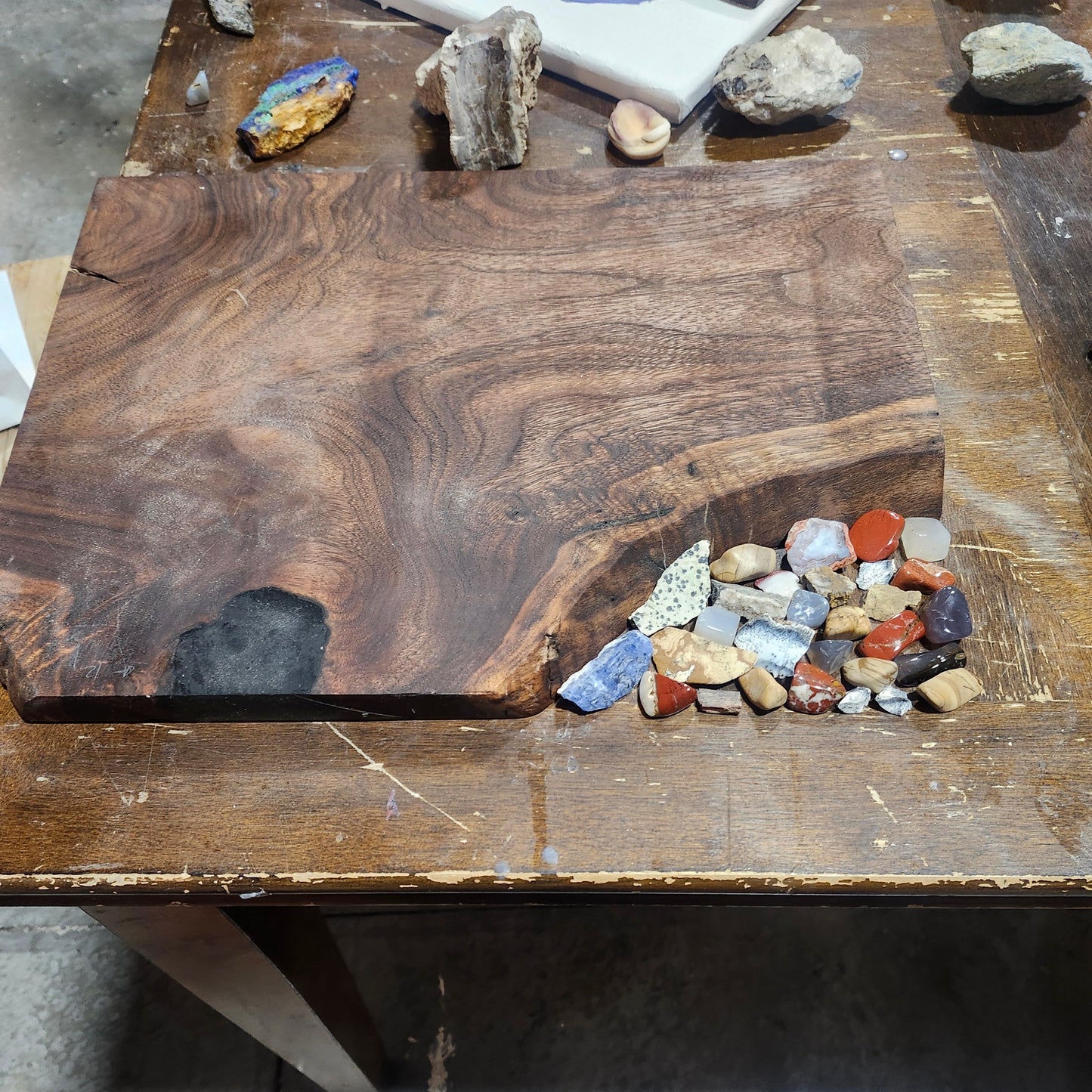 Gemstone and Walnut Charcuterie Board: Dark Live-edge Wood