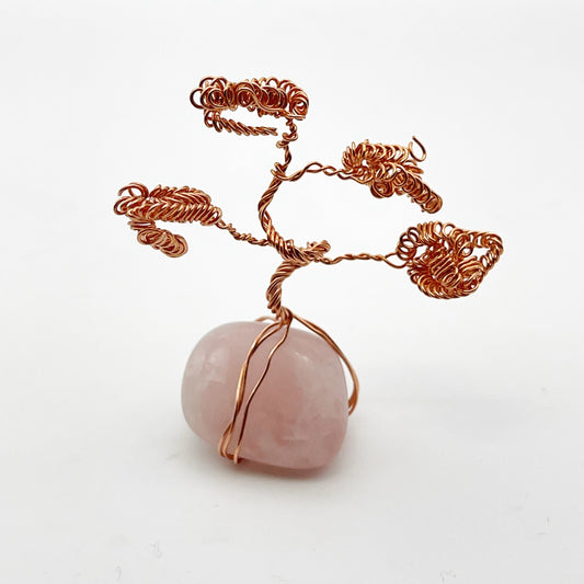 Mini Bonsai on Pink Quartz: Handcrafted Copper Wire Sculpture