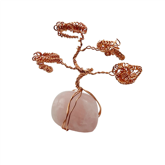 Mini Bonsai on Pink Quartz: Handcrafted Copper Wire Sculpture