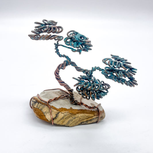 Patinaed Bonsai on Layered Stone: Handcrafted Copper Wire Sculpture