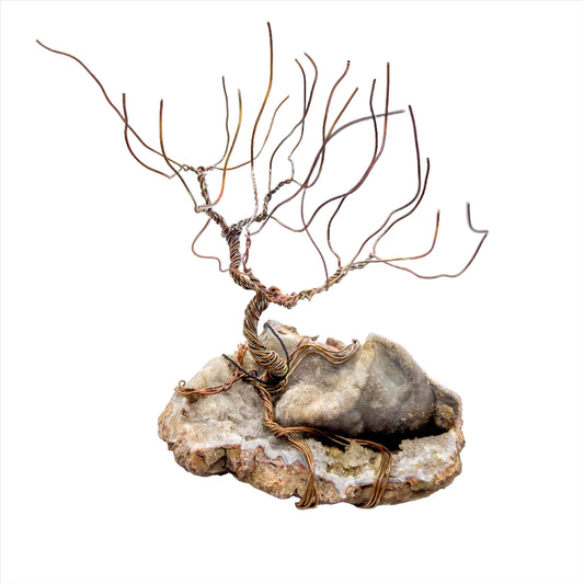 Leafless Tree on Druzy Agate: Handcrafted Copper Wire Sculpture