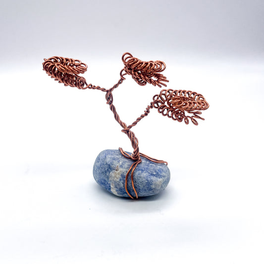Copper "Treeio" Branch on Blue Calcite Tumble: Handcrafted Bonsai Sculpture