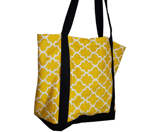 Yellow and Black Quatrefoil Tote Bag: 100% Cotton