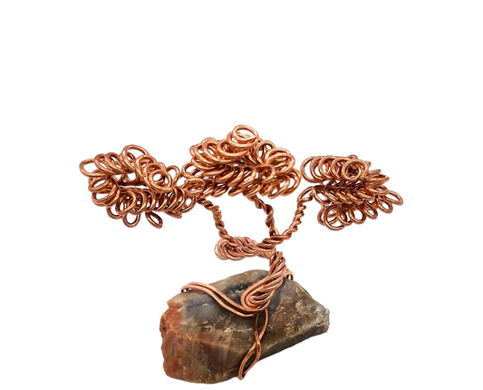Mini Bonsai on Agatized Wood: Handcrafted Copper Wire Sculpture
