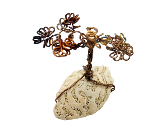 Small Bonsai on Coral: Handcrafted Copper Wire Sculpture