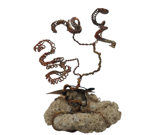 Coral Bonsai: Handcrafted Copper Wire Sculpture on Natural Coral Base