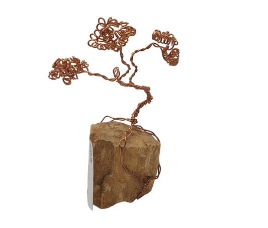 Small Wire Bonsai Tree on Petrified Wood: Handcrafted Copper Wire Sculpture