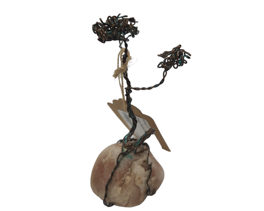 Patinated Bonsai on Pink Sandstone: Handcrafted Copper Wire Sculpture