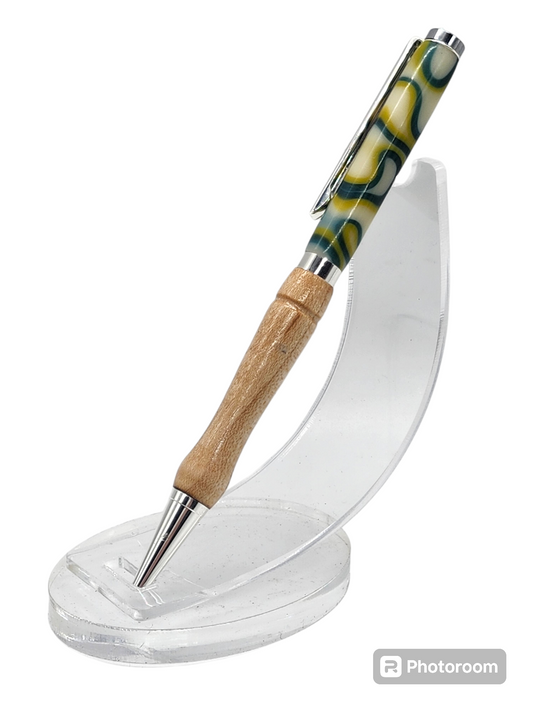 Green Swirly Acrylic and Wood Pen: Hand-Turned Slimline Design