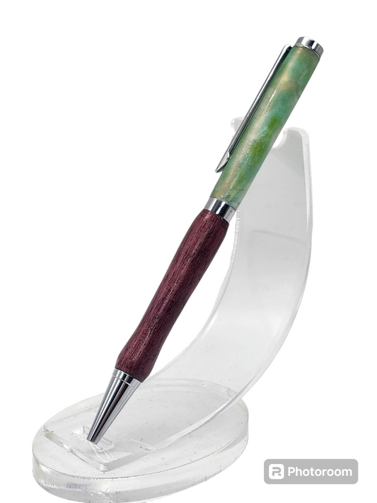 Light Green Resin and Purpleheart Wood Pen: Hand-Turned Slimline Design