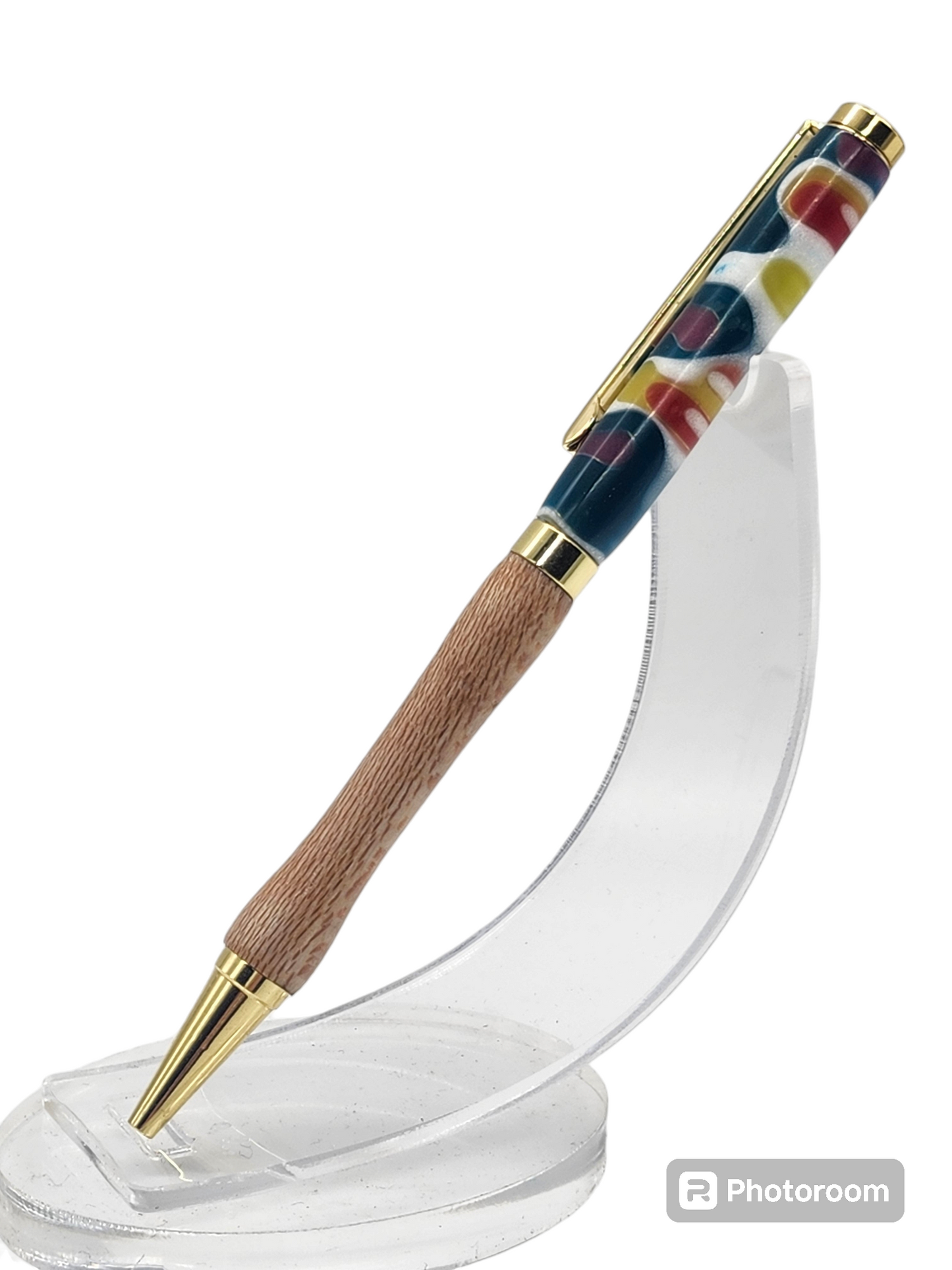 Rainbow Acrylic and Oak Wood Pen: Hand-Turned Slimline Design