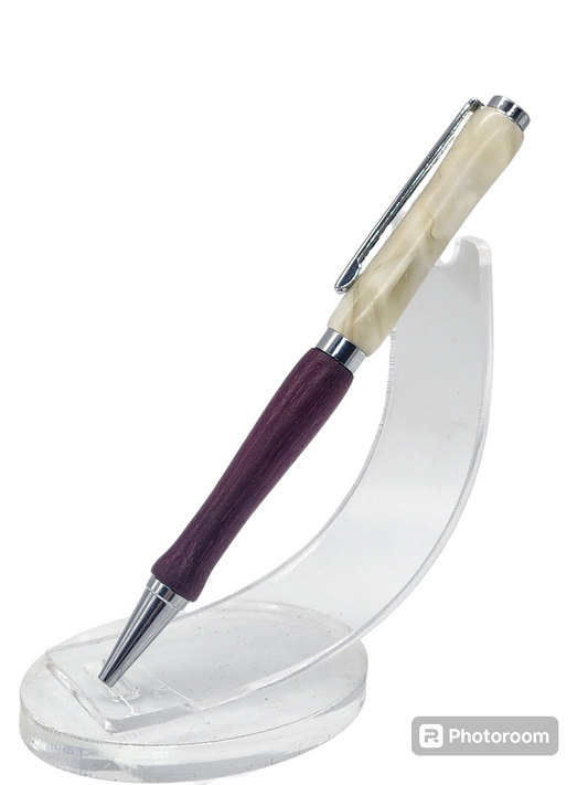 White Acrylic and Purple Heart Wood Pen: Hand-Turned Slimline Design