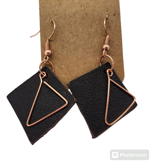 Rustic Leather & Copper Triangle Earrings