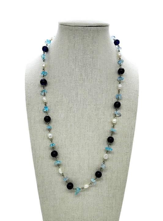 Blue Glass and Pearl Wire Loop Necklace