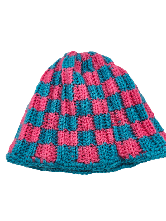 Pink and Blue Checkered Beanie