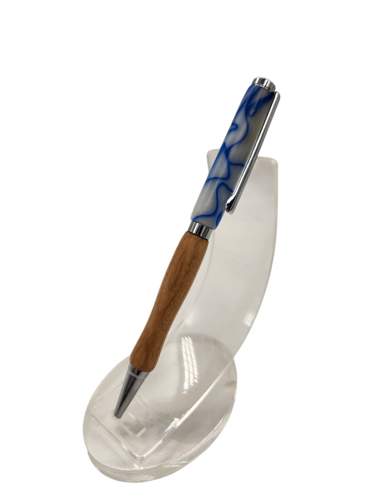 White and Blue Swirly Acrylic and Alder Hand-Turned Pen