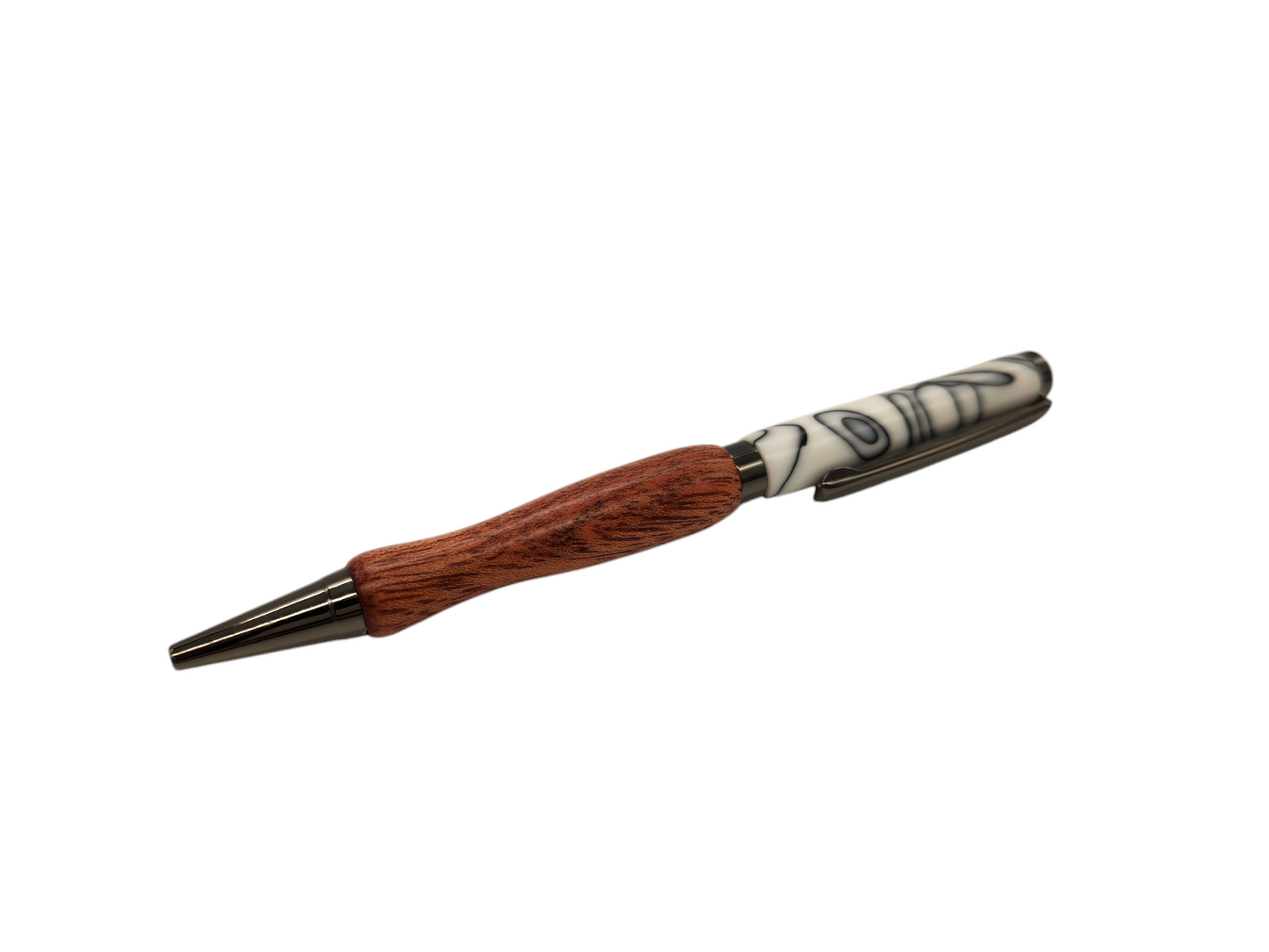 White Swirly Acrylic and Bloodwood Pen: Hand-Turned Slimline Design