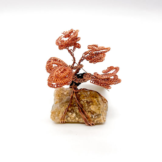 Five Branch Bonsai: Handcrafted Copper Wire Sculpture on Quartzite Base
