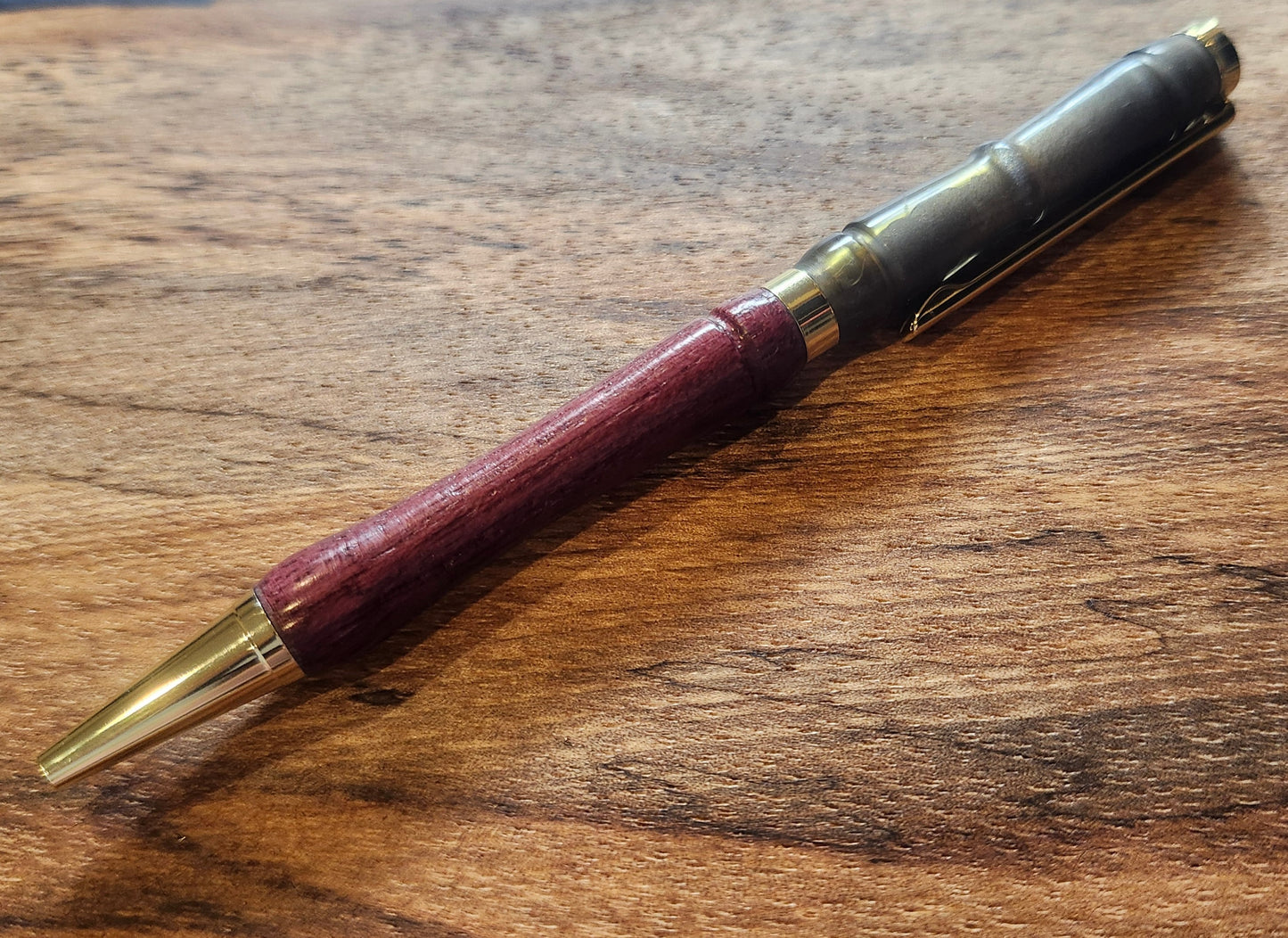 Gray Acrylic and Purpleheart Wood Pen: Hand-Turned Slimline Design