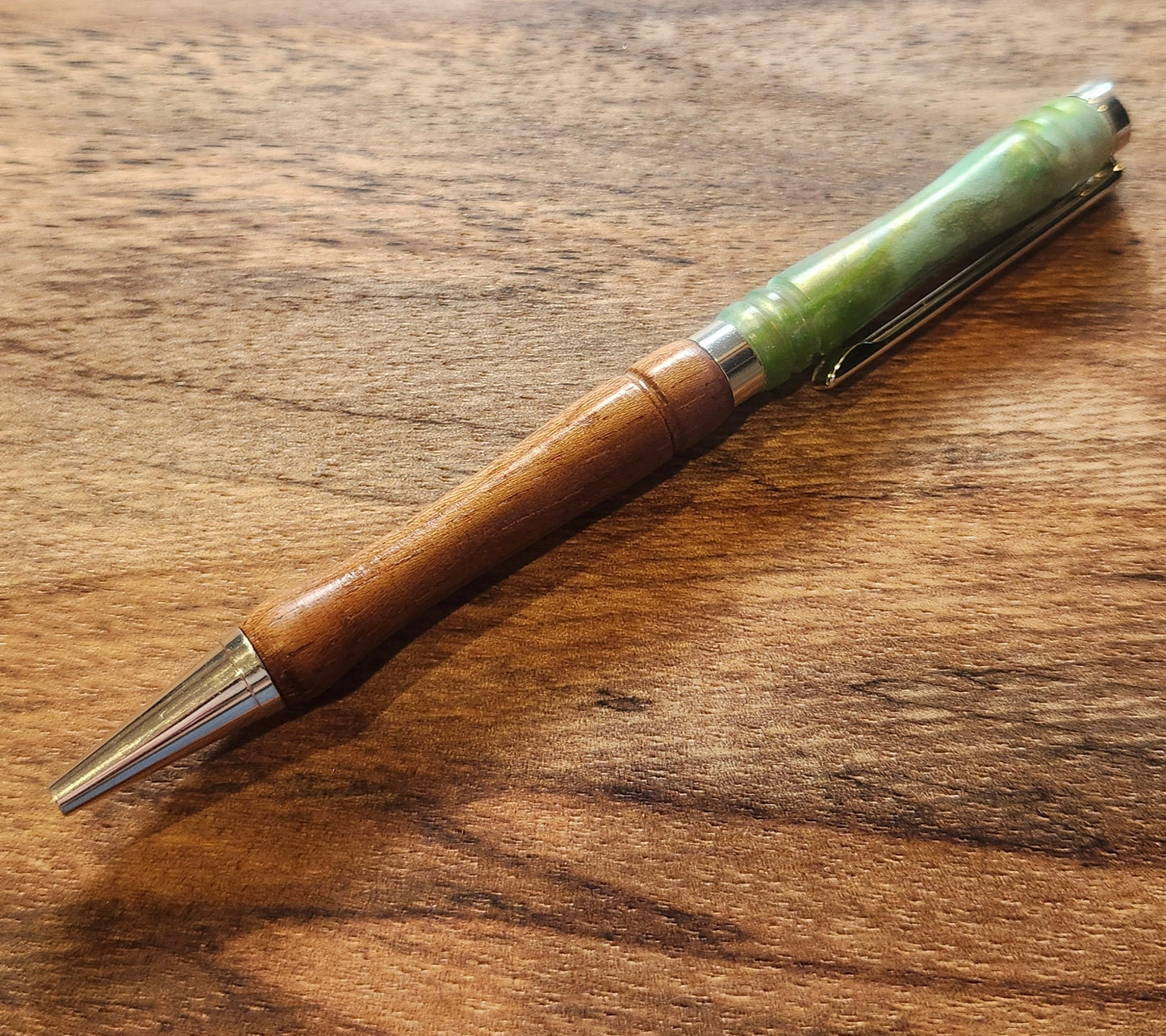 Wood and Light Green Resin Pen: Hand-Turned Slimline Design