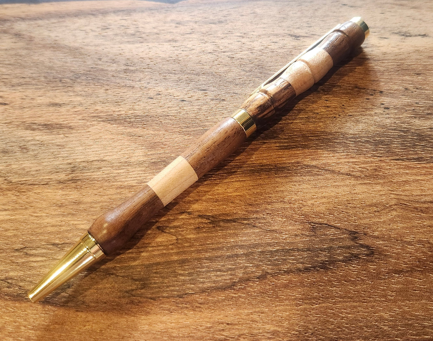 Zebra, Maple, and Walnut Striped Wood Pen: Hand-Turned Slimline Design