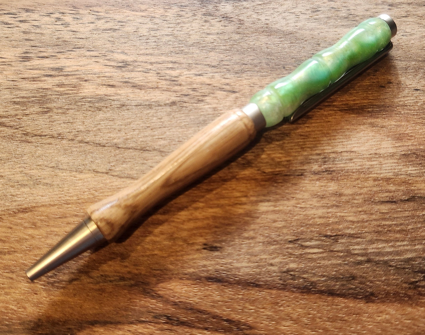 Wood and Light Green Resin Pen: Hand-Turned Slimline Design