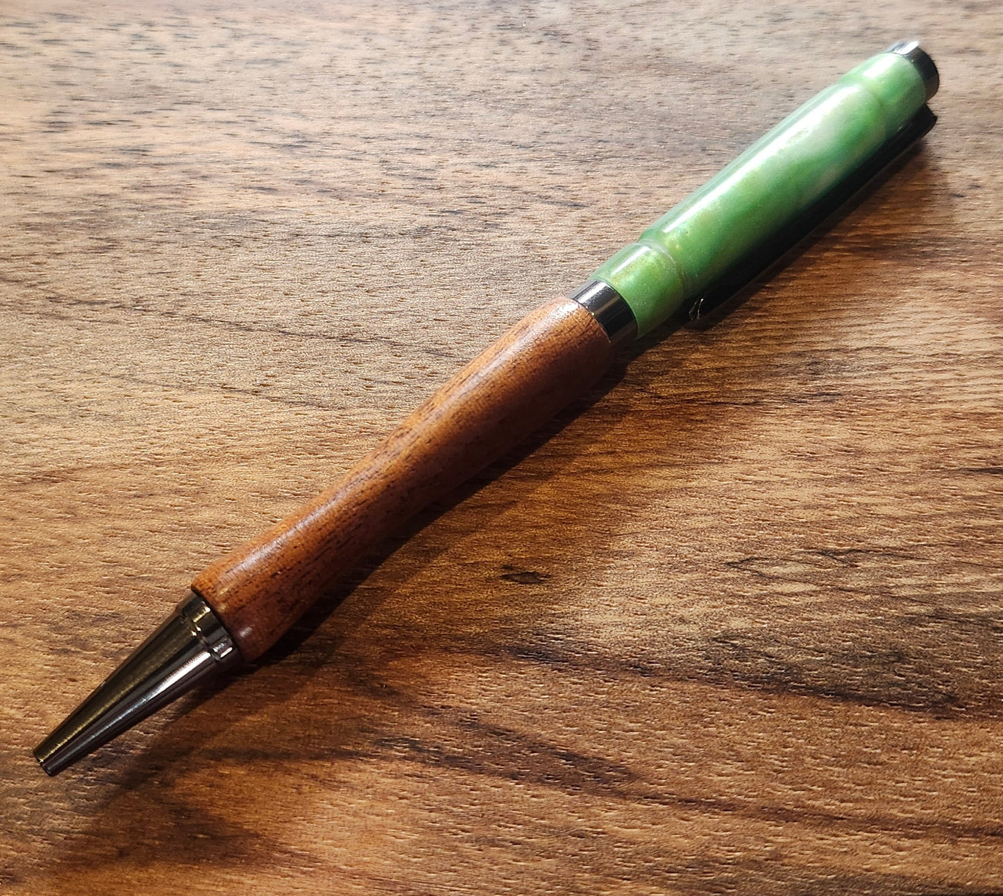 Wood and Light Green Resin Pen: Hand-Turned Slimline Design