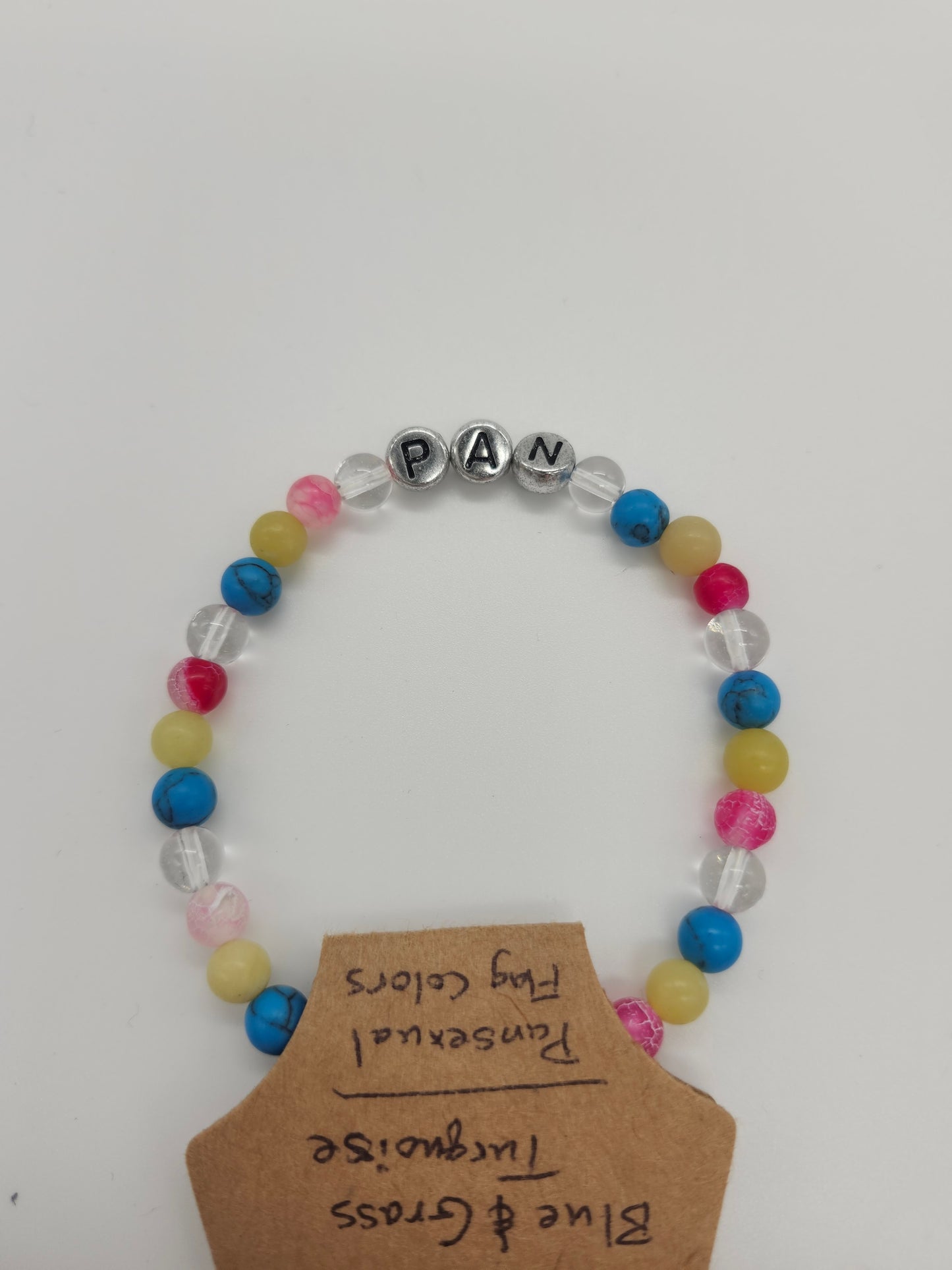 Pansexual Flag Beaded Bracelets - Pink Agate, Clear Quartz, Blue and Grass Turquoise