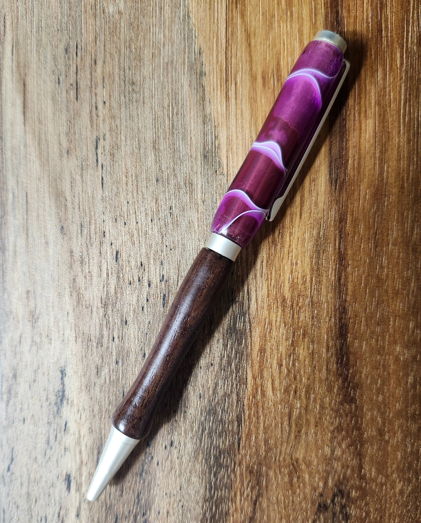 Pink Swirly Acrylic and Walnut Pen: Hand-Turned Slimline Design