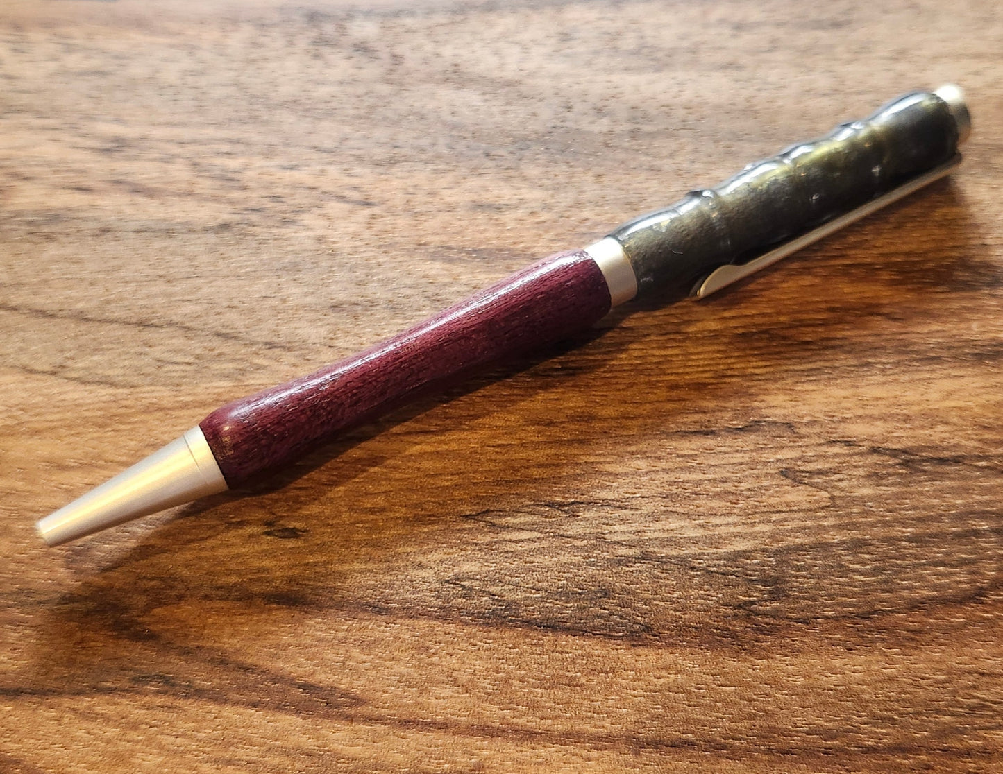 Gray Acrylic and Purpleheart Wood Pen: Hand-Turned Slimline Design