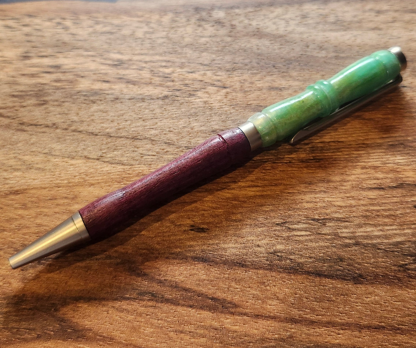 Wood and Light Green Resin Pen: Hand-Turned Slimline Design