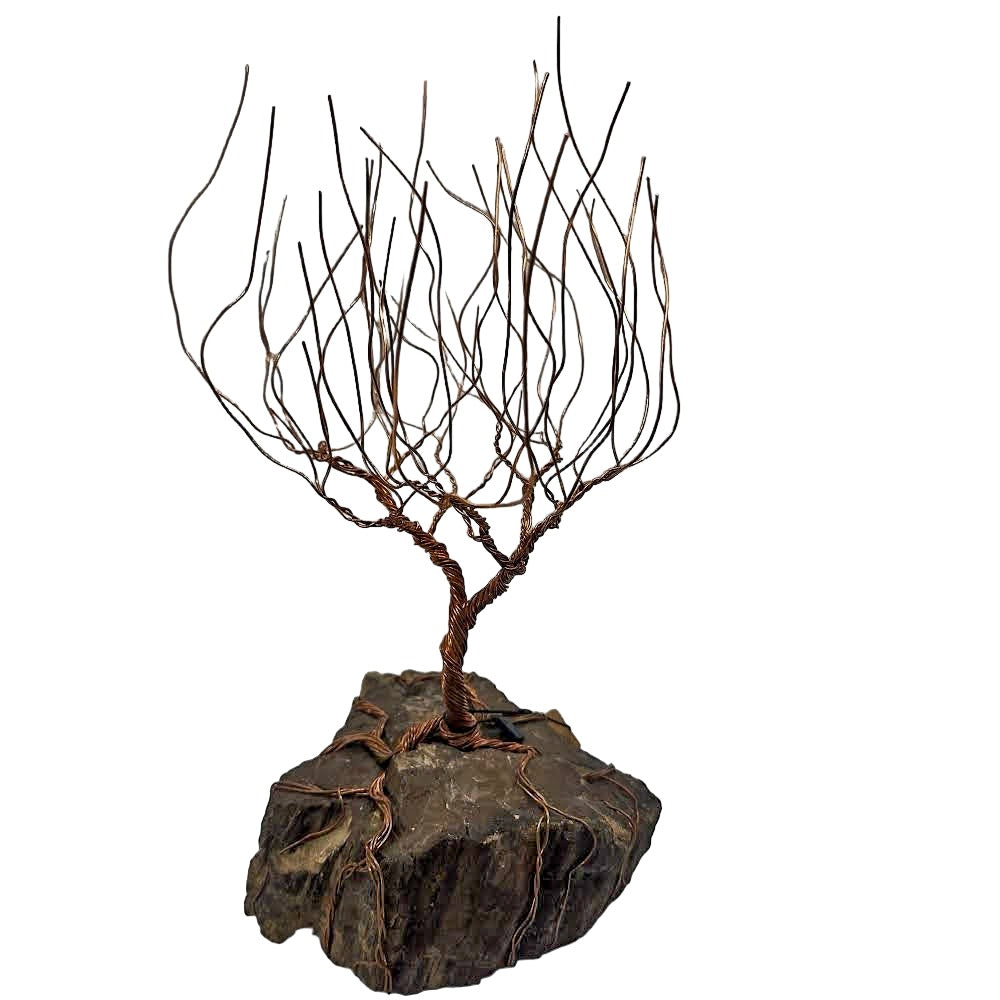 Large Bonsai Tree on Petrified wood: Handcrafted Copper Wire Sculpture